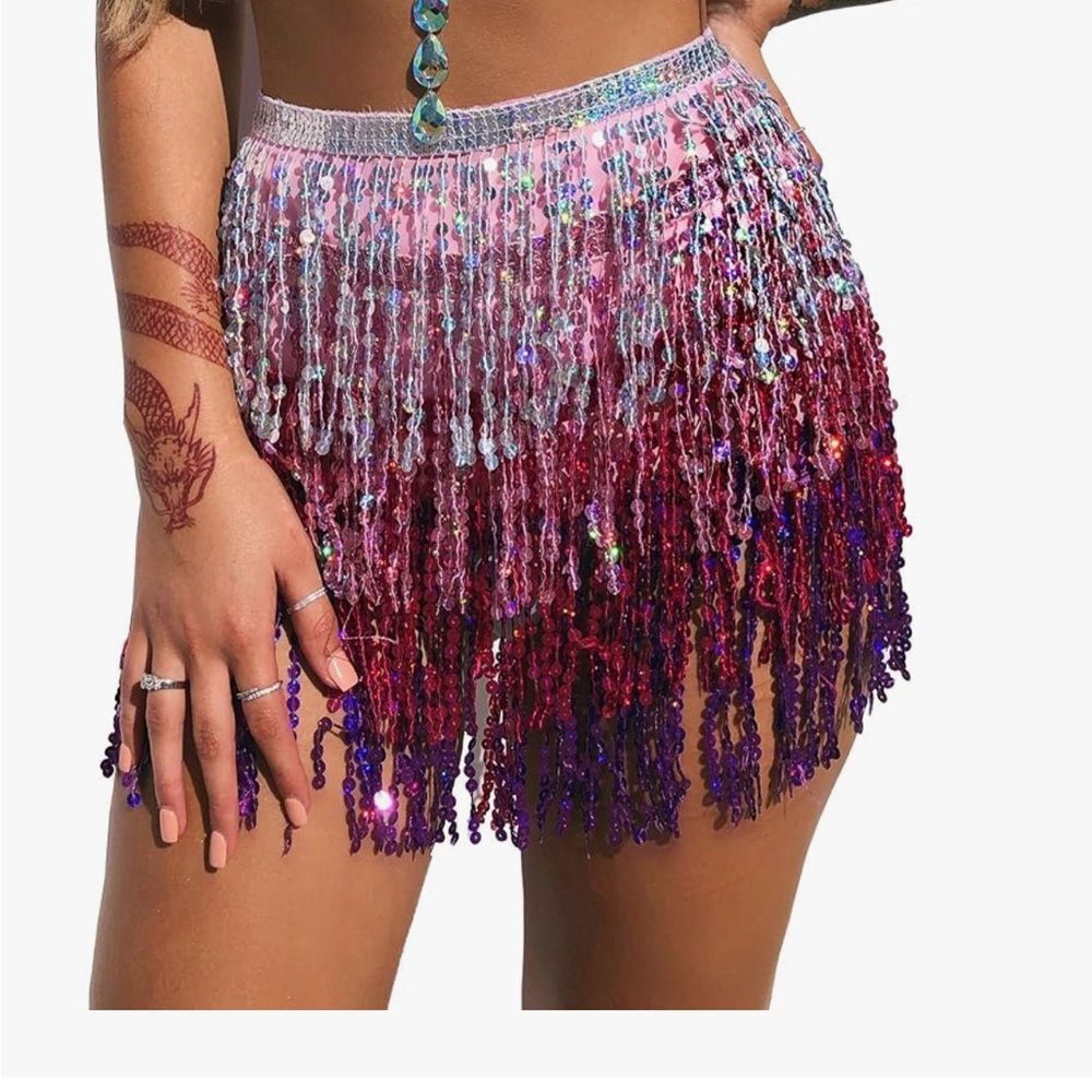 Multiple Colors Sequin Tassel Scarf Sequin Skirts Belly Dance Skirt‎ OSFM